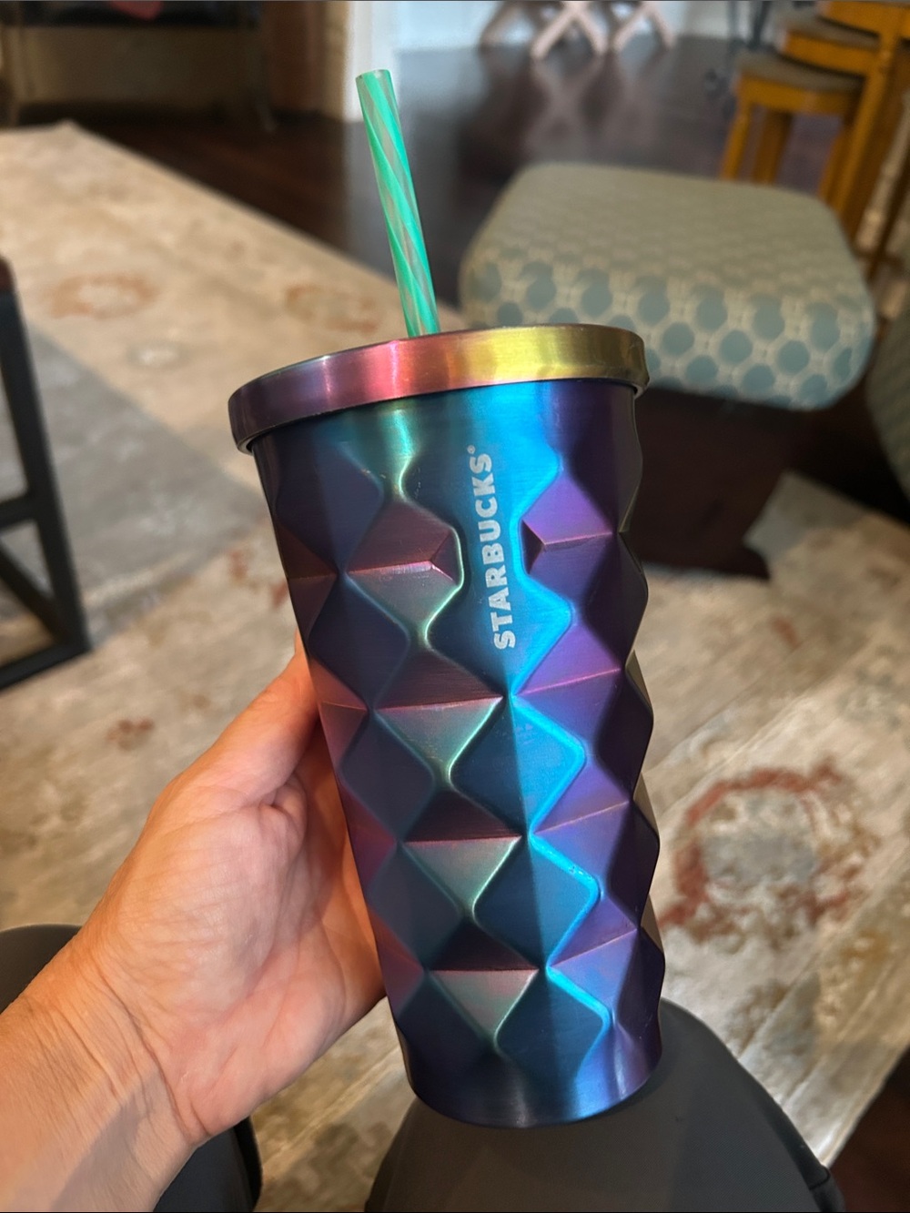 Starbucks Iridescent Diamond Tumbler in Purple and Blue with Green Straw 16 oz.